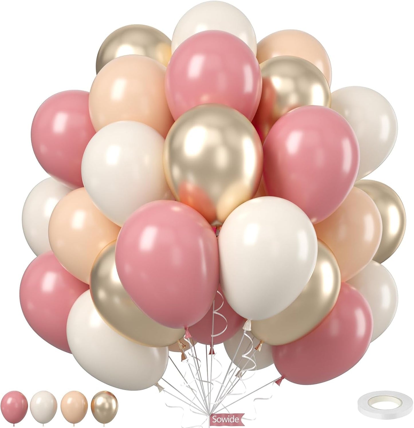 Dusty Pink White Balloons, 50Pcs 12 Inches Pink Sand White Metallic Gold Birthday Balloons for Girls Birthday Party Wedding Anniversary Bridal Engagement Baby Shower Decorations