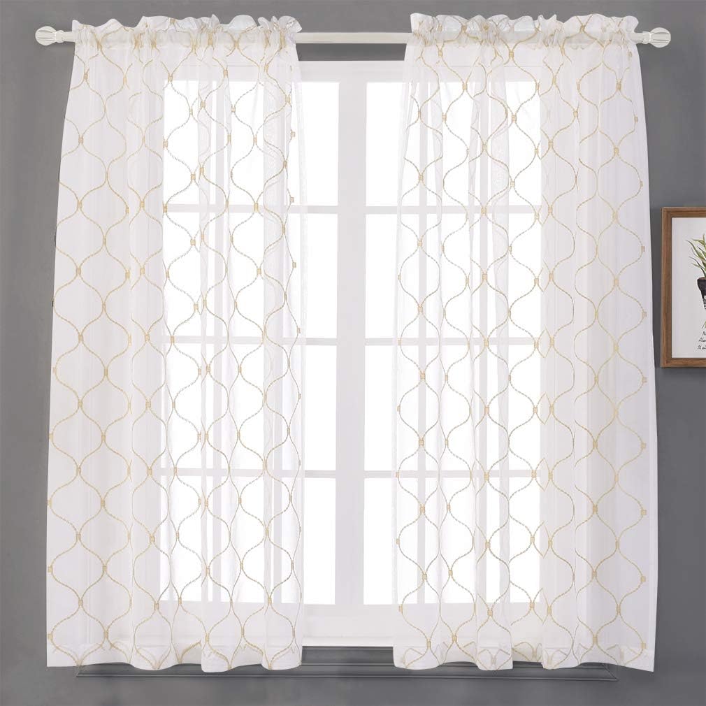 Embroidered Wave Diamond Sheer Curtains Gold 63 Inch Length, Rod Pocket Voile Drapes for Living room, Bedroom, Window Treatments Semi Curtain Panels for Yard, Patio, Villa, Parlor, Set of 2, 52"x 63".