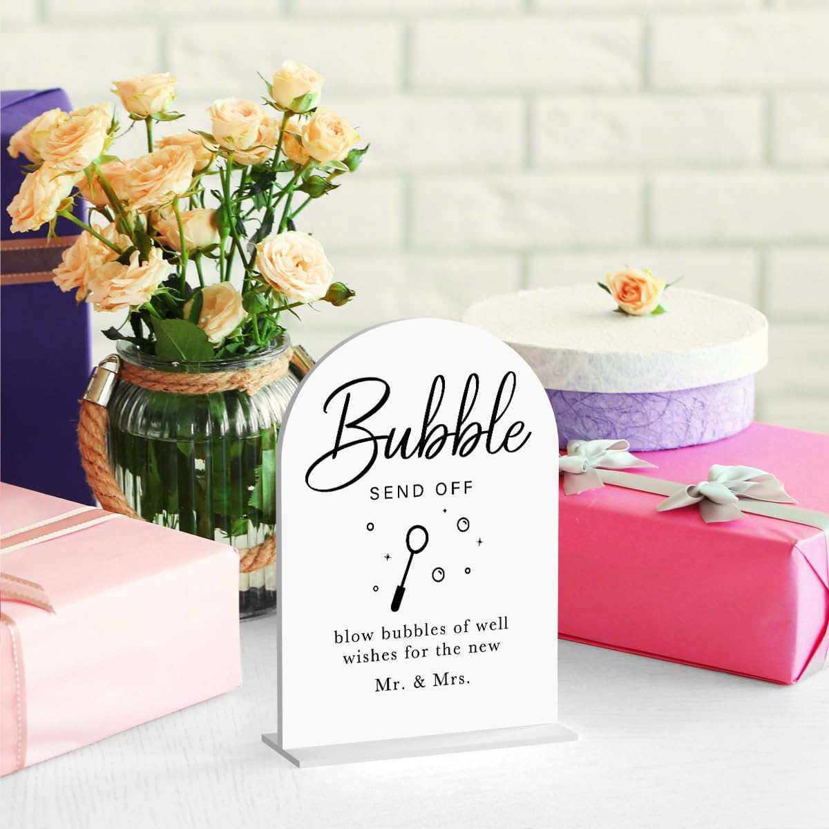 Acrylic Wedding Sign Wedding Signs for Ceremony Bubble Send Off Sign for Wedding Modern Calligraphy Arch Acrylic Table Top Sign for Wedding Reception and Event Party Table(white）