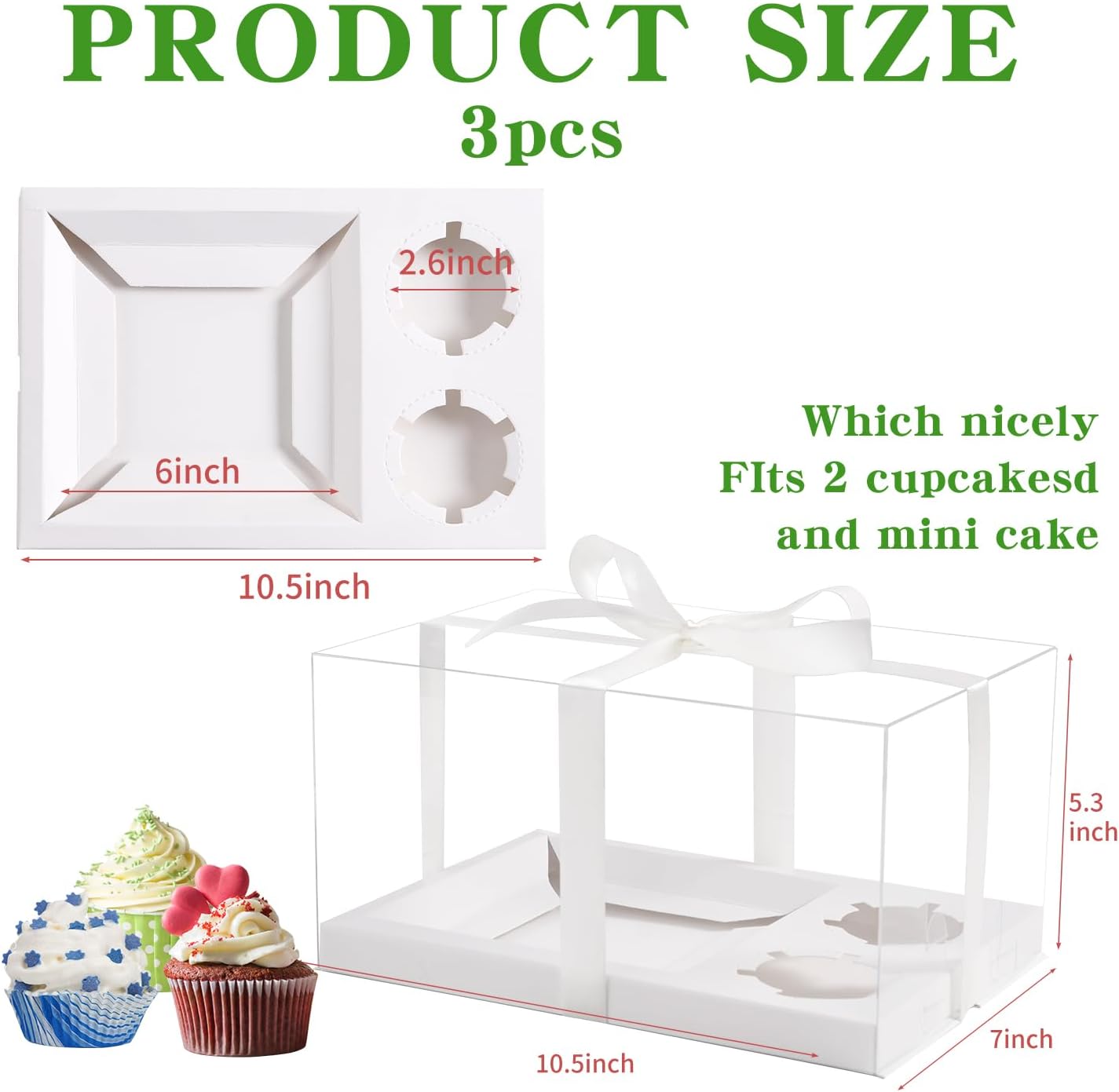 JCD 3 Pcs Cake Cupcake Combo Boxes,1+2 Cupcake carriers 2 Cupcakes Holes - Cakes and Cupcake Clear Boxes - Pastry Sweets Bento Boxes (2 Cupcakes and 1 Cake)(1+2/3Pcs)