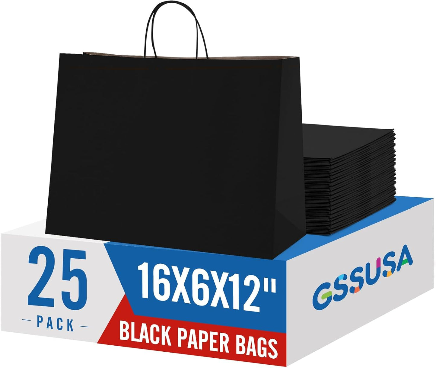 GSSUSA Large Paper Bags with Handles16x6x12 25 Pack, Gift Bag for Small Business, Paper Shopping Bag, Grocery, Food Service Take Out, Large Kraft Paper Bags, Bulk, Black