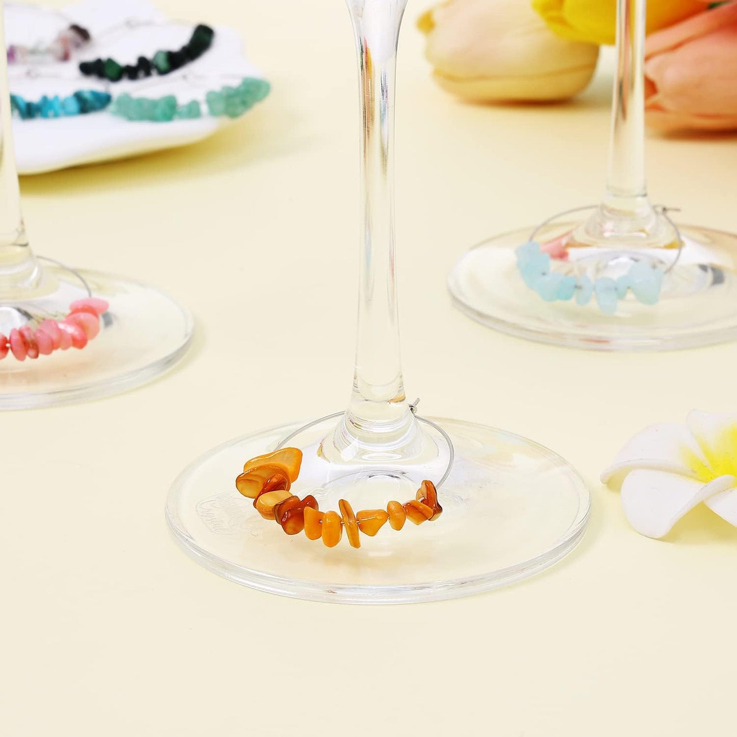 Pride & Par 24 Pcs Nature Gemstone Beads Glass Charms for Stem Glasses, Wine Glass Decoration for Weddings, Parties