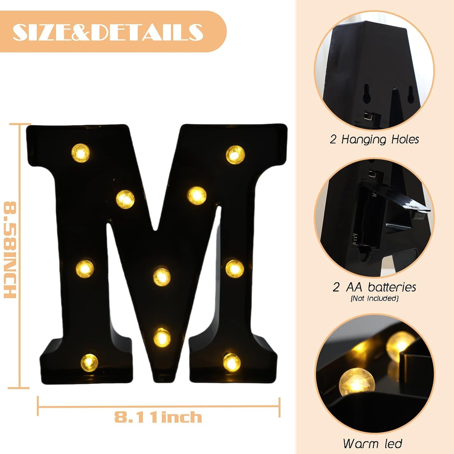 Led Marquee Letters, 8.58 Inch Black Light Up Letters, Small Led Letter Lights, Battery Powered Lighted Letterfor Table, Party, Birthday, Christmas Decor (Black, Letter M)