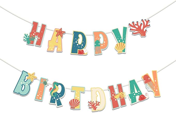 SUNBEAUTY Happy Birthday Banner Sea Animal Birthday Decorations Sea Shells Ocean Theme Party Supplies for Baby Shower | Pre-Strung