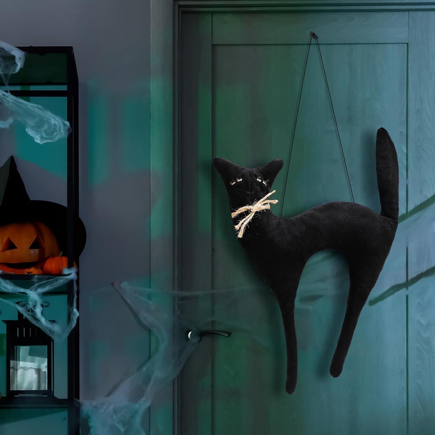 Suhine 16 Inch Halloween Black Cat Hanging Decoration Vintage Rustic Black Cat Wall Ornament Hanging Gifts Primitiva Retro Farmhouse Halloween Decoration for Door Indoor Wall Outdoor