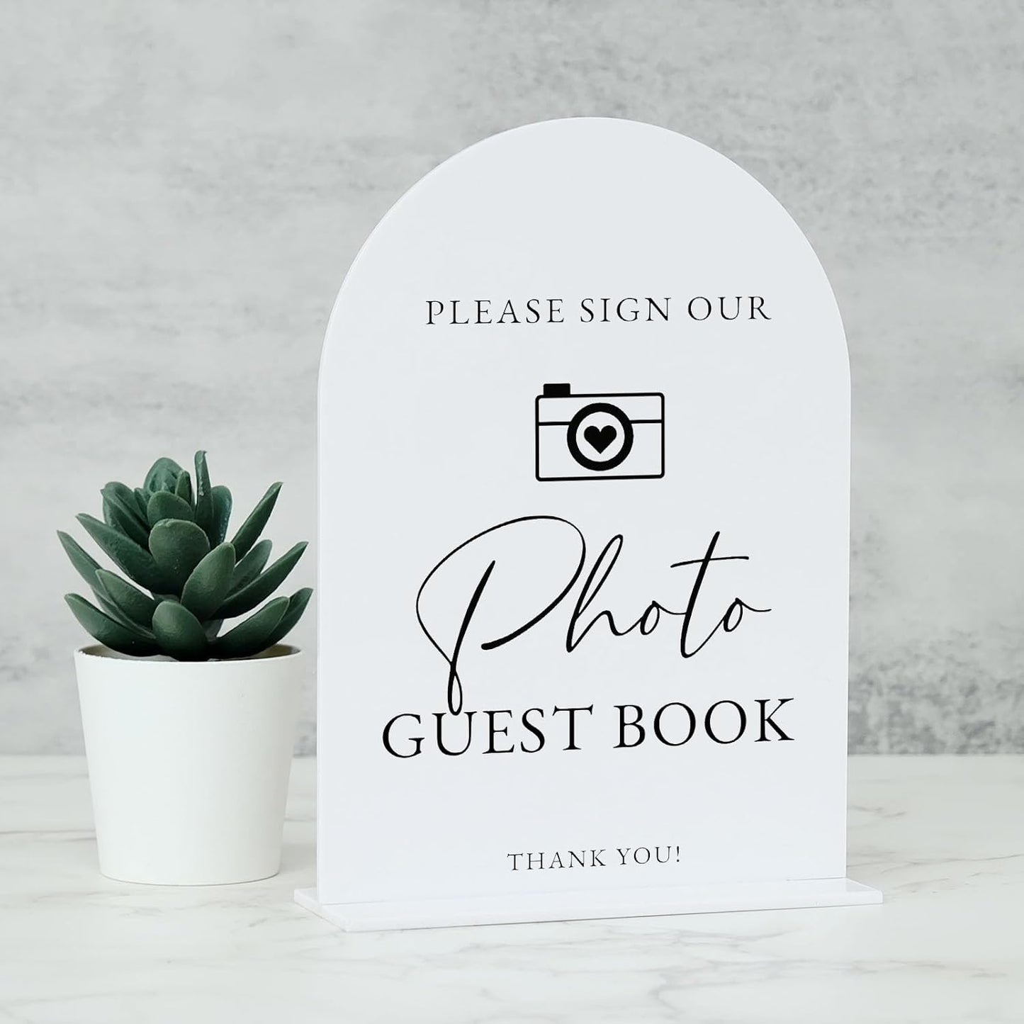 Acrylic Photo Guestbook with Stand- 5"x7" White Arched Wedding Sign and Base,1/8" Thick | Modern Calligraphy Black Lettering Arch Acrylic Sign for Wedding Reception & Party(5x7Inch, White)