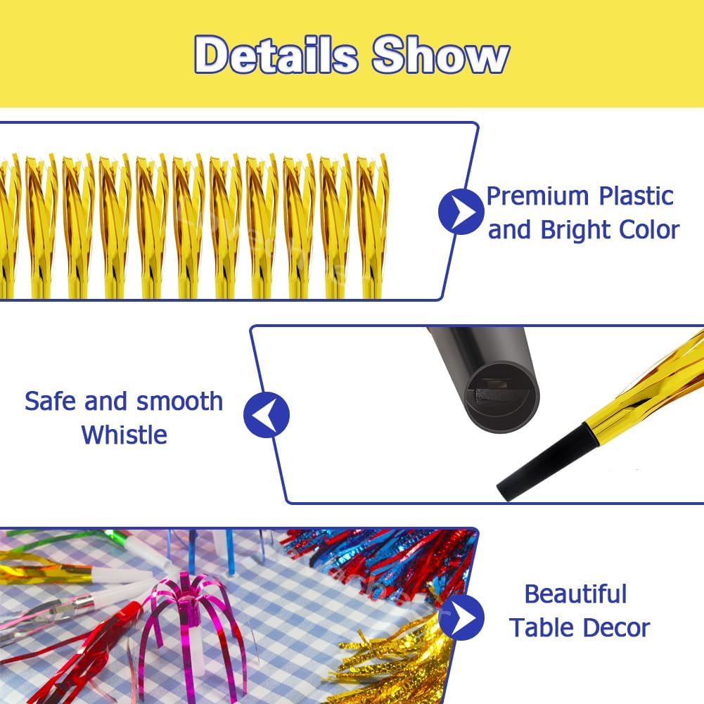 Lovecheer 24/60PCS Glitter Noise Makers Metallic Fringed Party Blowers for Adults Birthday Wedding Graduation 2025 New Years Musical Blowouts