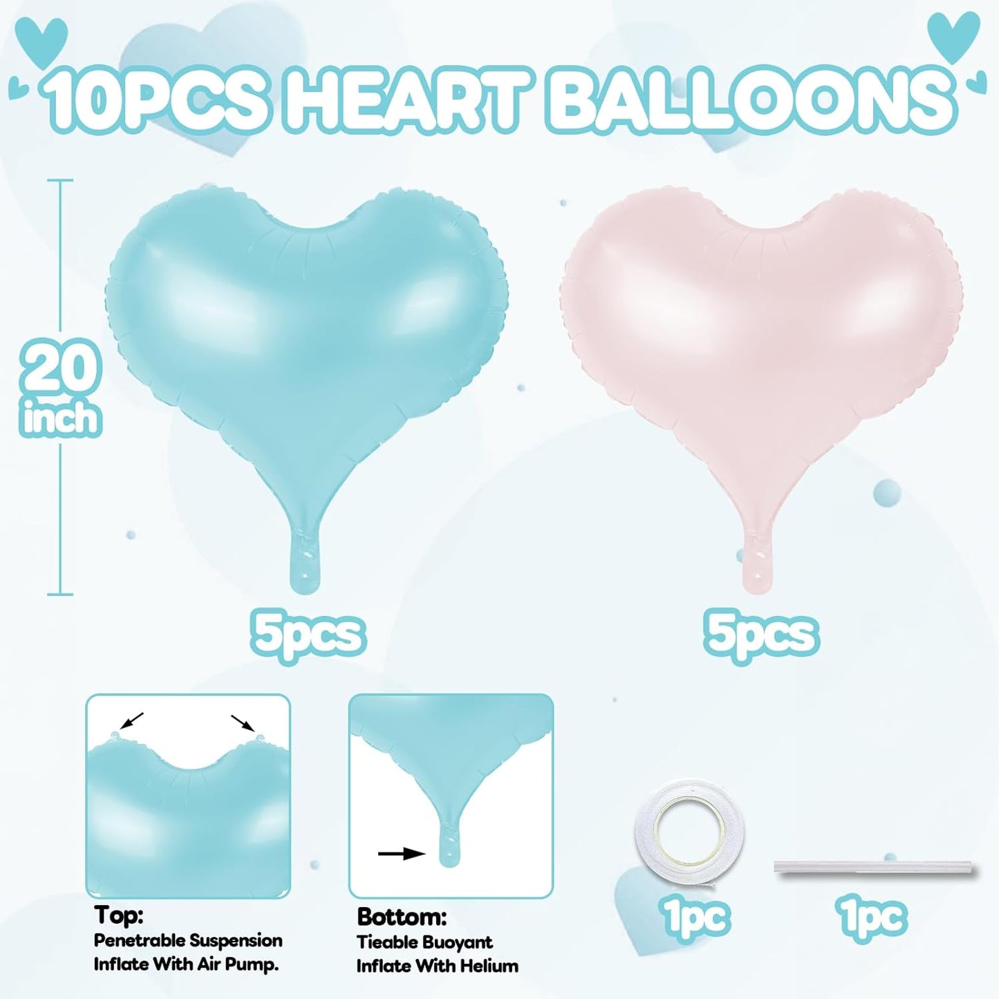 20 Inch Blue Pink Heart Balloons, 10 Pcs Baby Pink Heart Shaped Foil Balloons, Blue Love Helium Balloon for Valentines Day Bridal Shower Anniversary Wedding Birthday Party Decorations