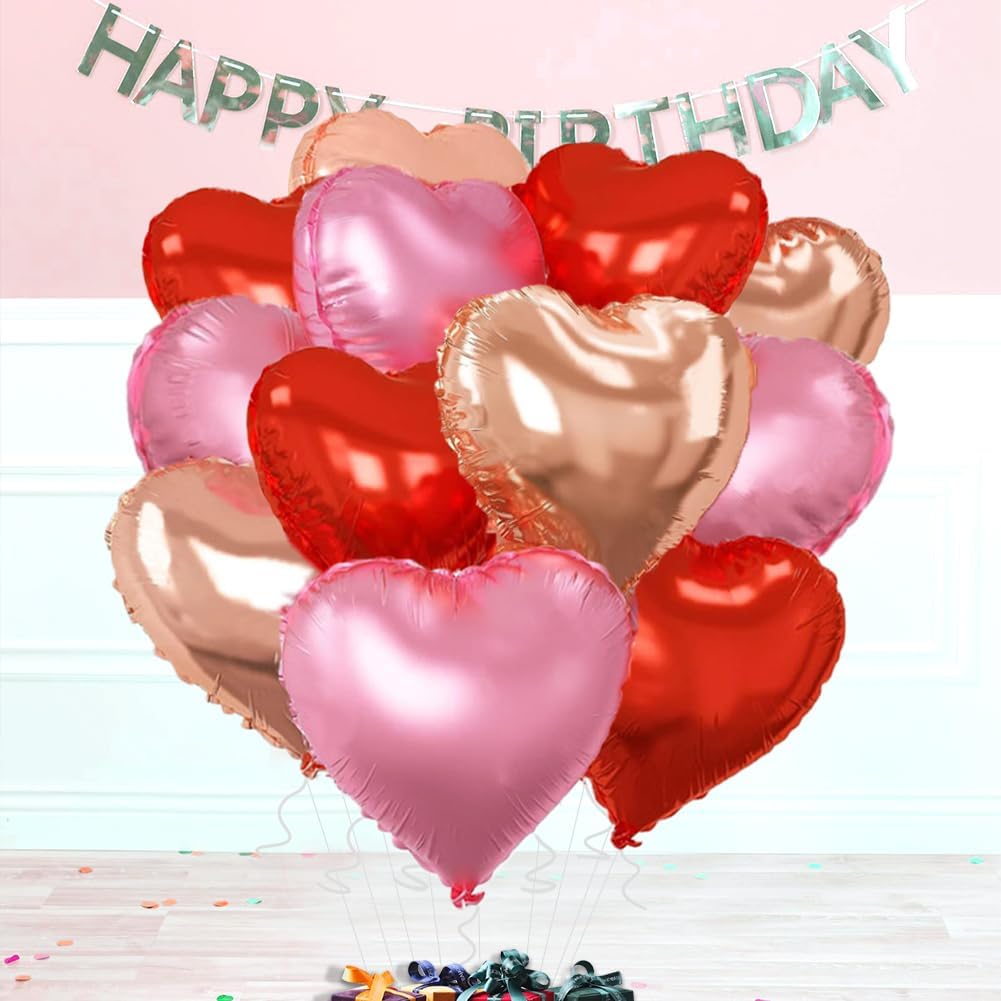 Rose Gold & Red Heart Balloons，18 Inch Light Pink Foil Love Heart Shaped Balloons for Anniversary Wedding Engagement Birthday Party Baby Shower Valentines Decorations(12Pcs)