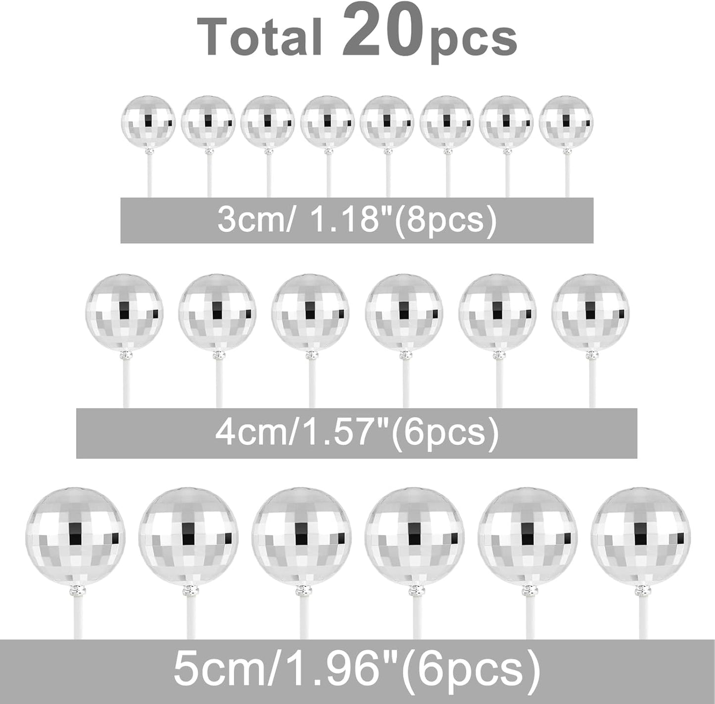 ASTARON 20 Pcs Disco Ball Cake Topper Decorations Sticks Silver Cake Balls Picks Toppers for Birthday Anniversary Disco Retired Theme Party Decorations