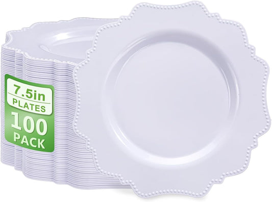 COLOSUS 100pcs 7.5 Inch White Plastic Dessert Plates,Heavy Duty Disposable Appetizer Plates,Premium Plastic Salad Plate,Fancy Disposable Cake Plate for Party, Wedding and Everyday Use