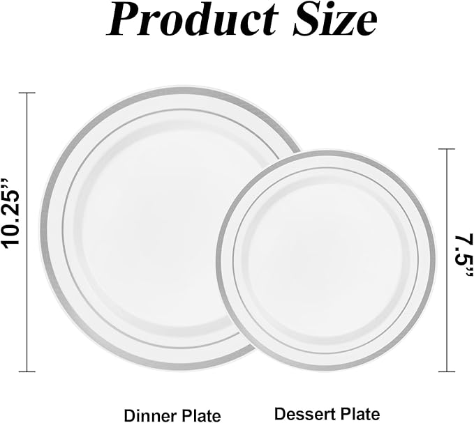 BESTSTAR 100PCS Silver Plastic Plates Set, 50 10.25 inch Dinner Plate and 50 7.5 inch Dessert Plates, Premium Disposable Plates for Party, Wedding