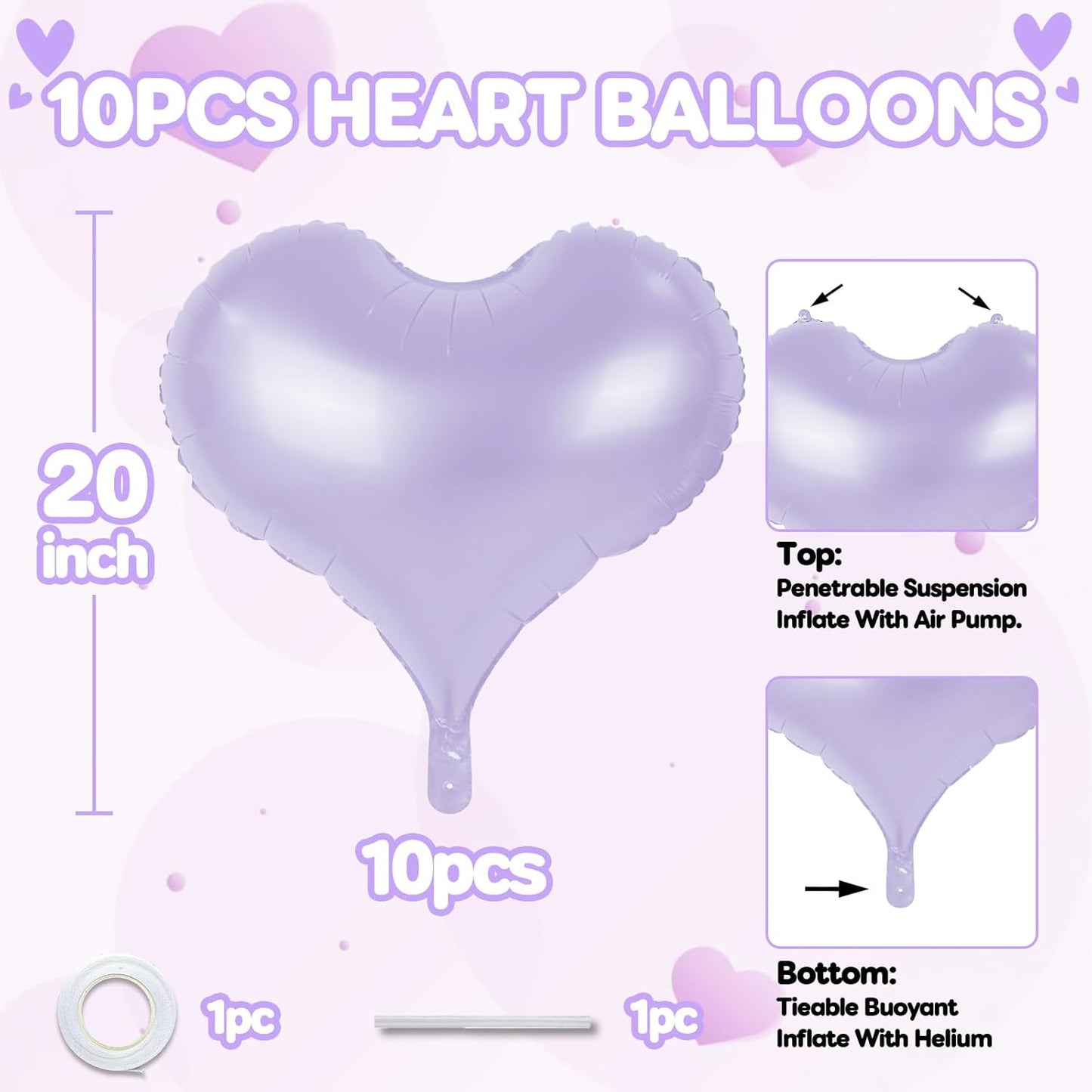 20 Inch Purple Heart Balloons, 10 Pcs Heart Balloons, Purple Valentines Day Helium Balloon for Valentine Bridal Shower Anniversary Wedding Birthday Party Decorations