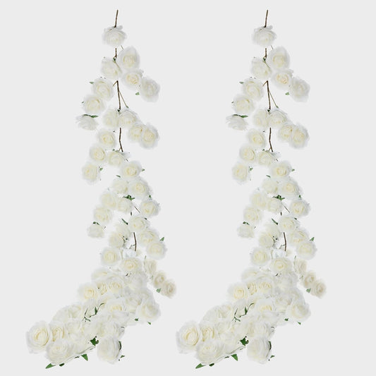 2 Pcs White Artificial Rose Vine Hanging Fake Flowers Garland for Wedding Anniversary Birthday Party Background Arch Garden Home Wall Room Decor
