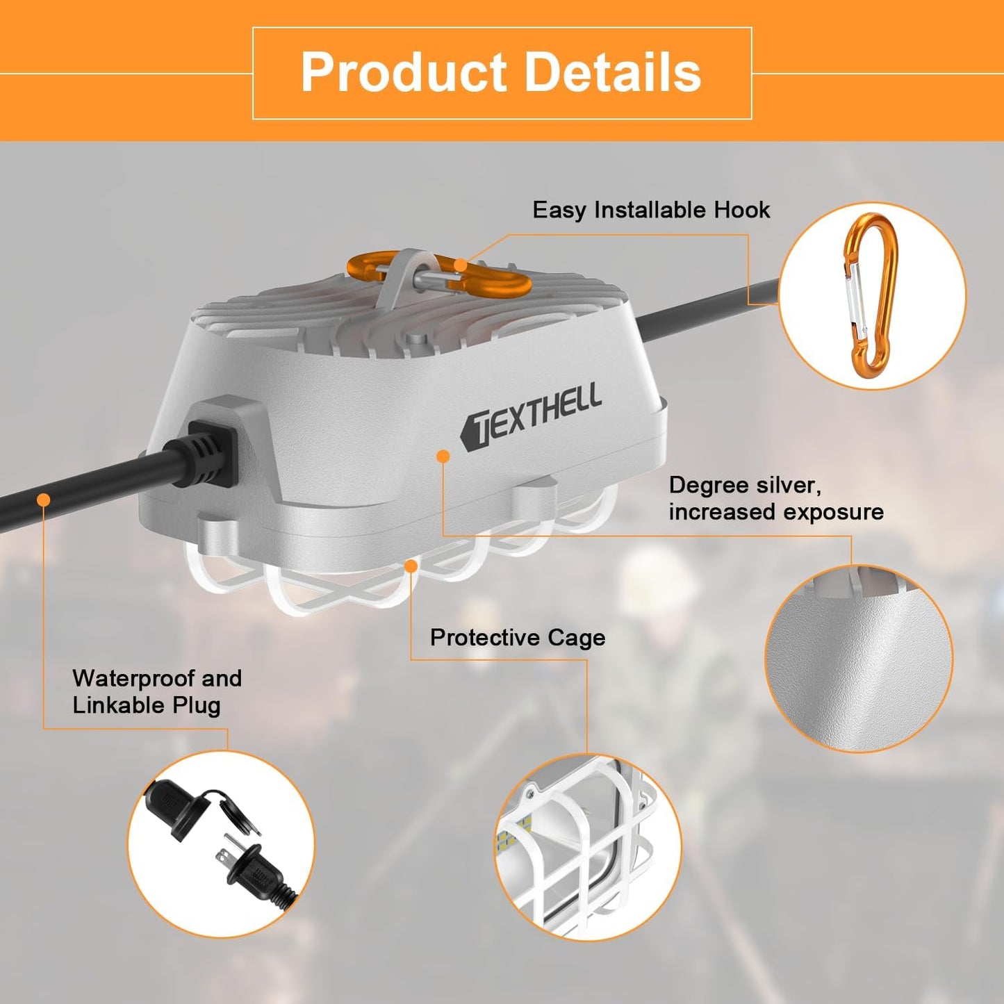 100ft LED Construction String Lights 300W Super Bright 30000LM Work Lights String Connectable Design for Workplace, Warehouse, Garage, RV, Indoor and Outdoor Weatherproof Temporary Lighting