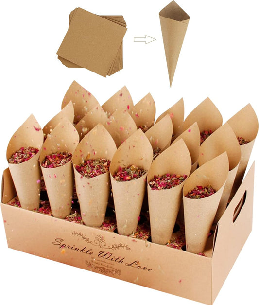 30 Pieces biodegradable confetti Cones and Stand Tray Paper Cone Box 30 Holes Suitable Placing Dried Flower Petals Confetti for Wedding, Engagement, Party, Birthday (Kraft)