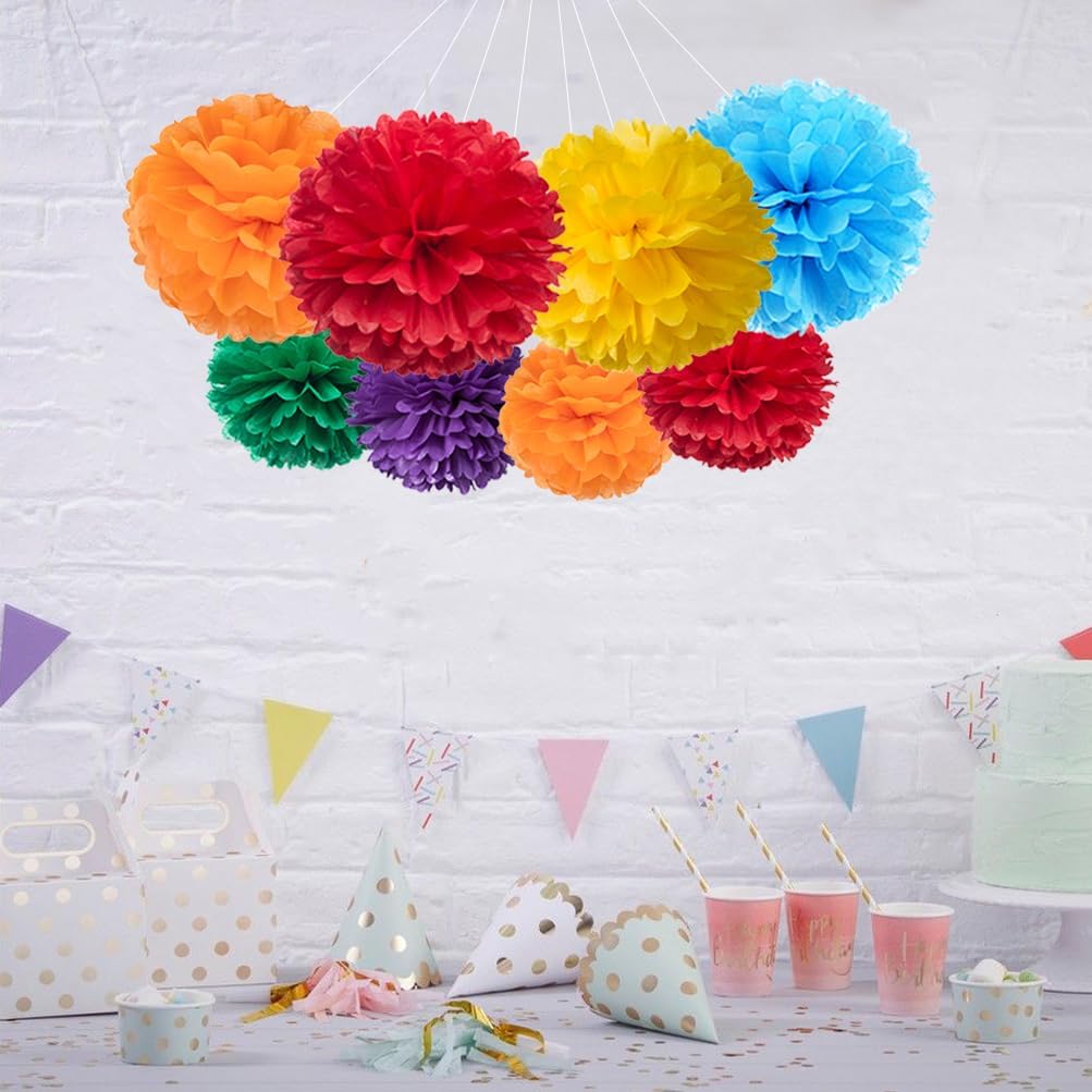 Rainbow Paper Flower Tissue Pom Poms for Birthday Graduation Wedding Pride Theme Party, Red Orange Yellow Green Blue and Pruple, 12pc