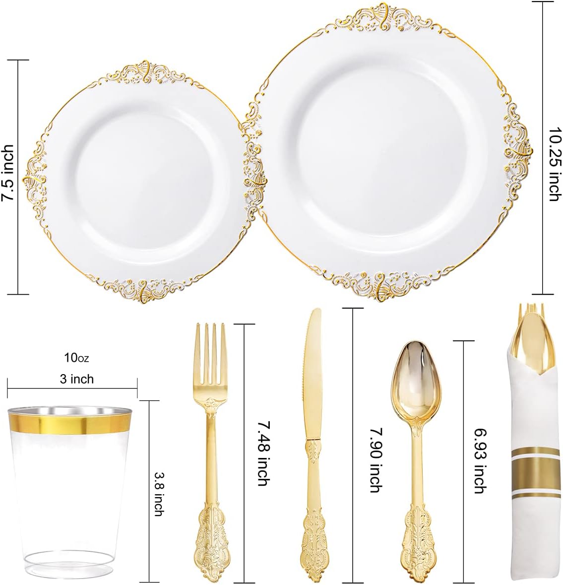 Nervure 350PCS Gold Plastic Plates - Gold Plastic Dinnerware Sets for 50 Guests - 100 Disposable Plates, 150 Silverware, 50 Cups, 50 Napkins for Wedding & Party & Thanksgiving