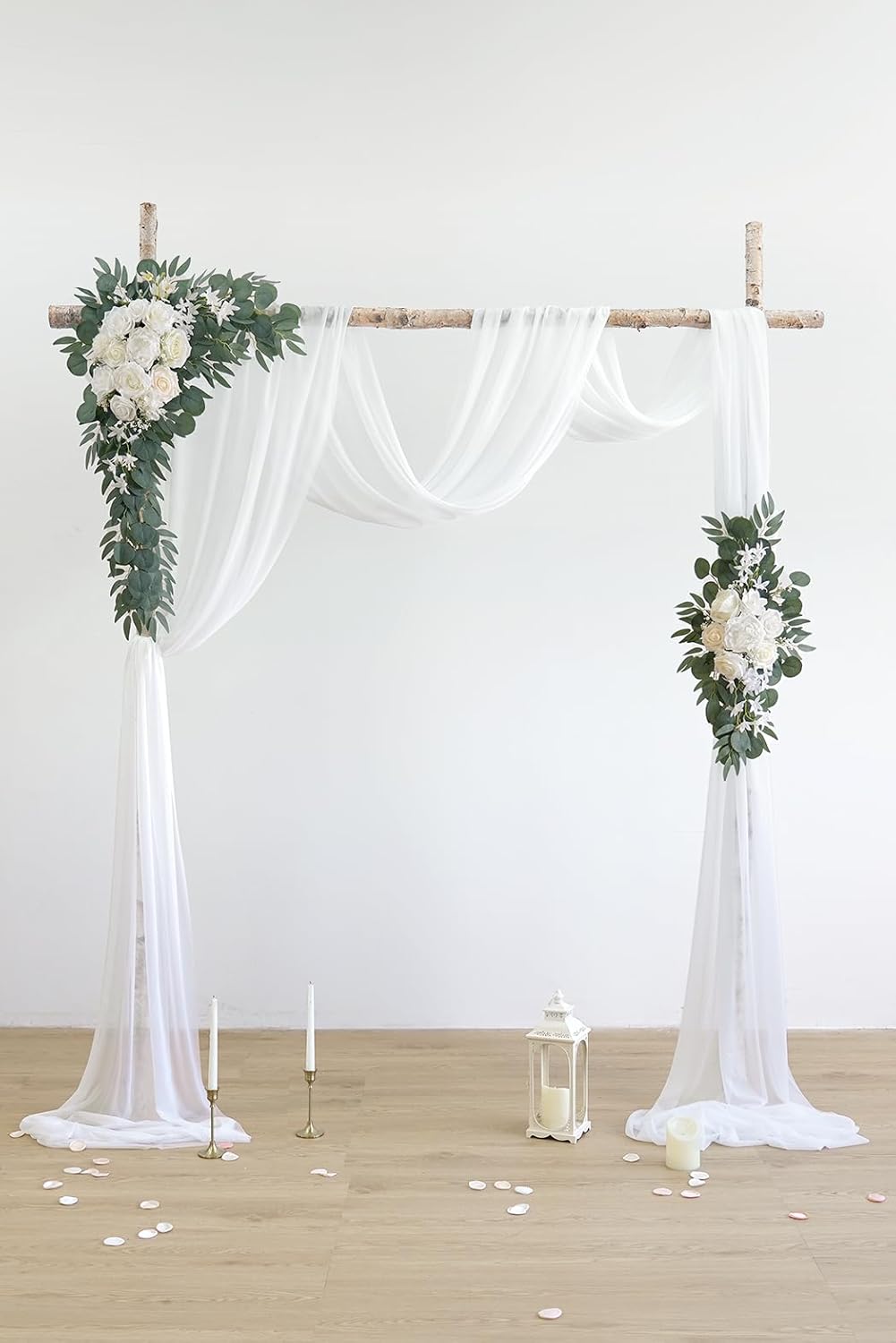 White Artificial Wedding Arch Flowers Kit (Pack of 3) with 26Ft White Shiny Arch Draping Fabric for DIY Wedding Party Ceremony Reception Backdrop Floral Decoration