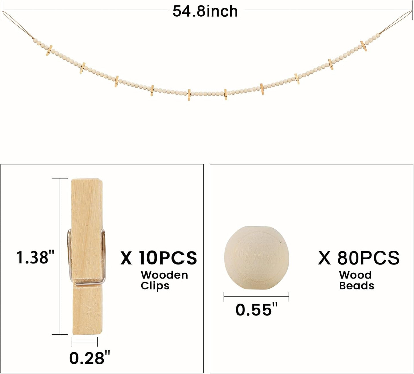 Hanging Photo Display with Clips, Boho Wooden Bead Garland Collage Picture Frame Wall Decor, Photo String with 10 Clips for Bedroom Room Dorm Cubicle Decor, Christmas Teen Girls Gifts