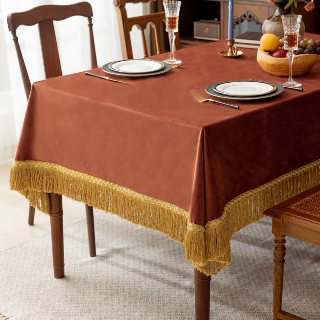 F-CHU Luxury Burnt Orange Tablecloth Thickset Velvet Tablecloth with Beautiful Gold Tassels Table Cloth for Home Decor Wedding, Party, Banquet and Events 60x102-Inch