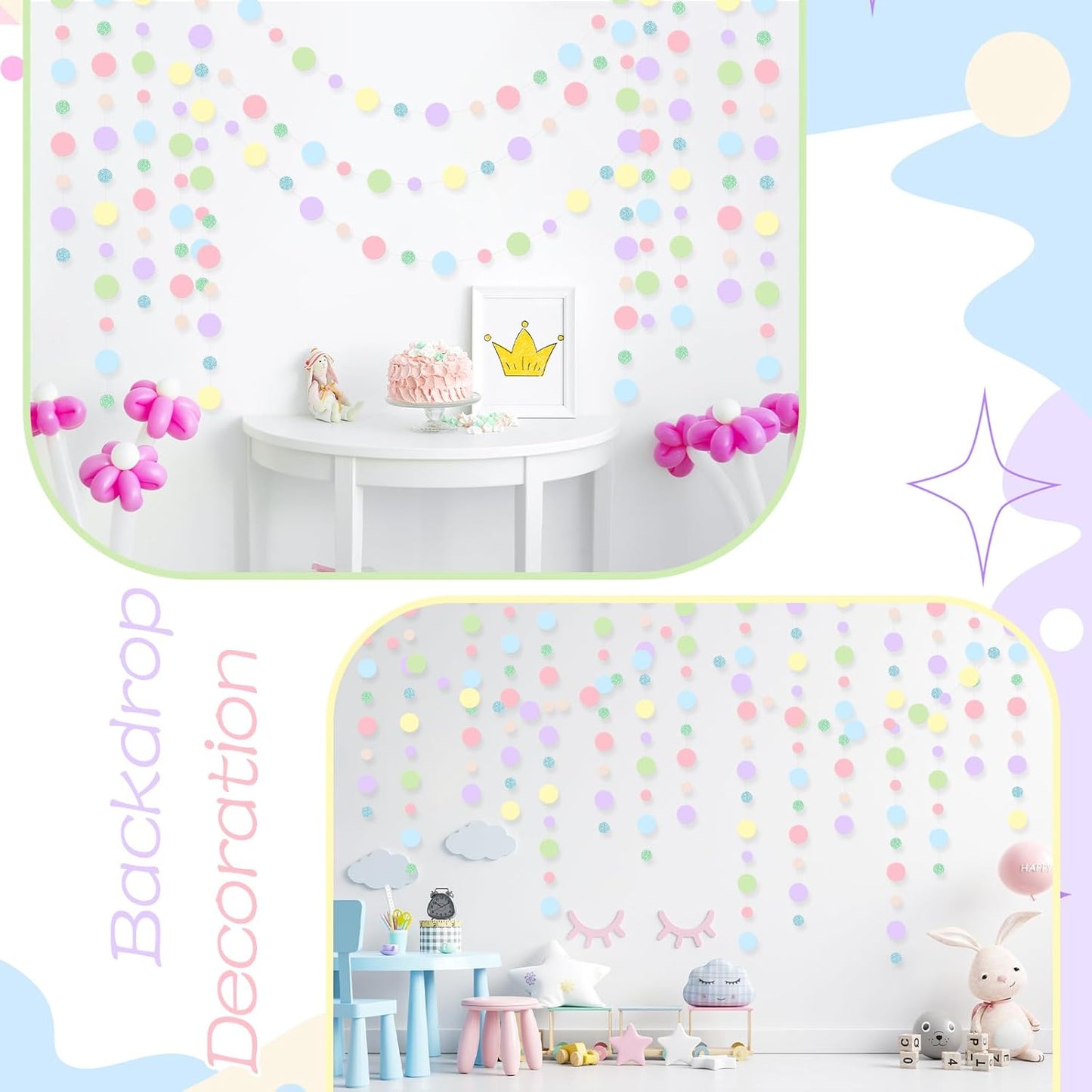 Outus 5 Pieces Colorful Dots Paper Garland Round Glitter Garland Hanging Confetti Streamers Backdrop for Candy Birthday Classroom Halloween Trunk or Treat Car Decoration (Pastel)