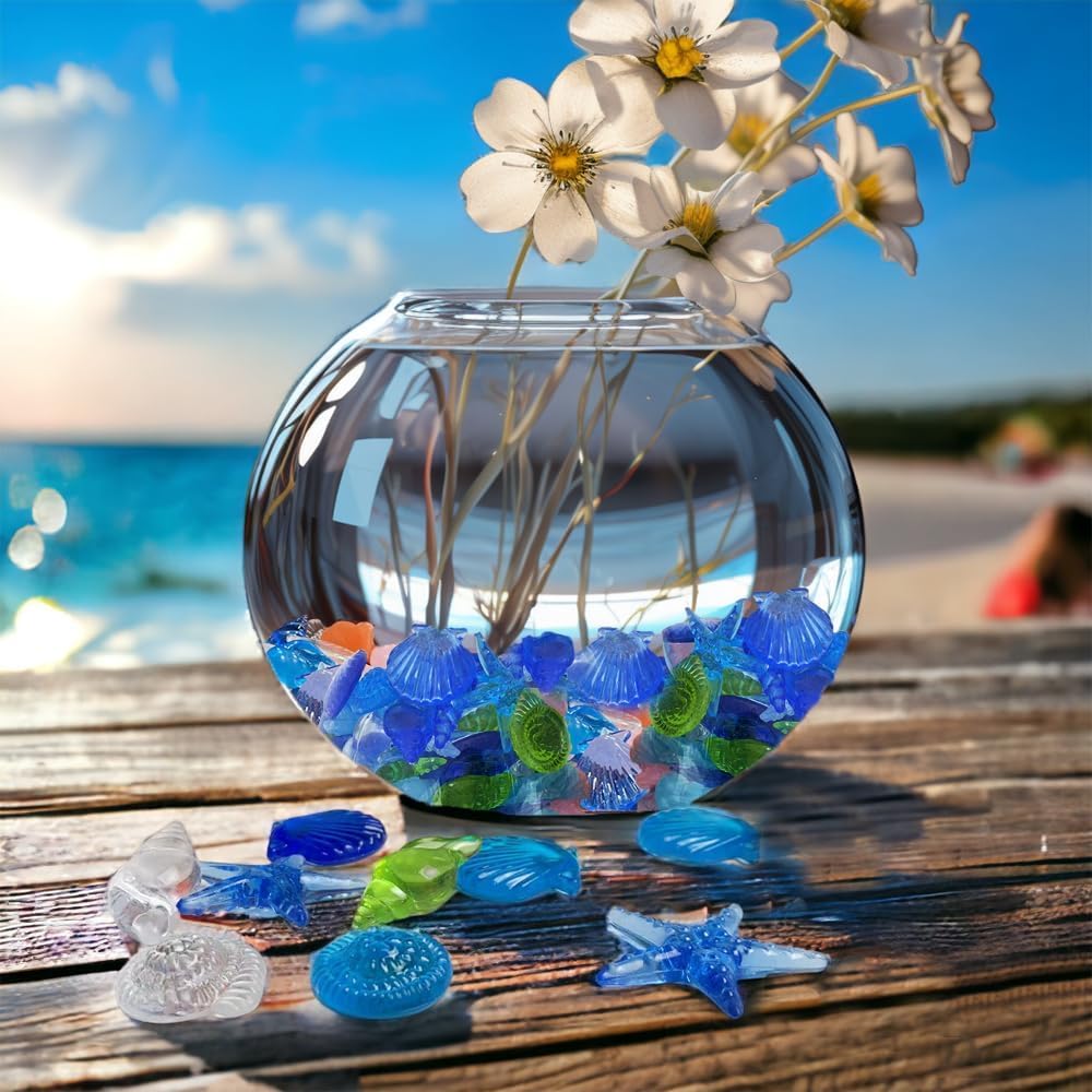 Blue Sea Shells Starfish Conch Acrylic Gems Under The Sea Party Decorations Gemstones for Mermaid Party Favors Decorations,Beach Theme,Vase Filler, Table Scatters, Fish Tank Decorations,14 OZ