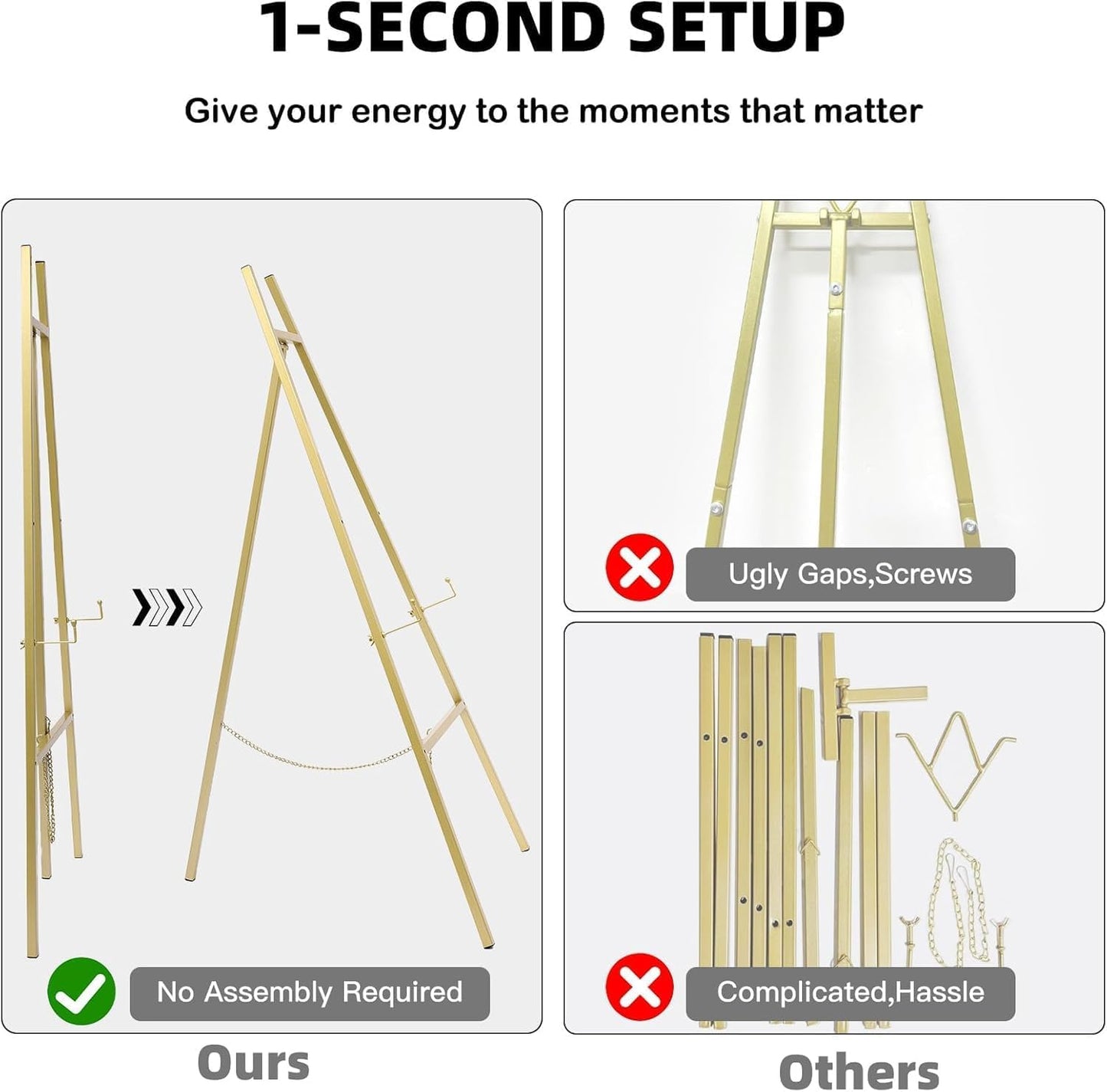 GRENTY 46.7" Gold Easel Stand for Wedding Signs – No Assembly Needed, Heavy Duty Metal Display Stand for Art, Welcome Signs, Posters, Pictures, Paintings, and Floor Décor