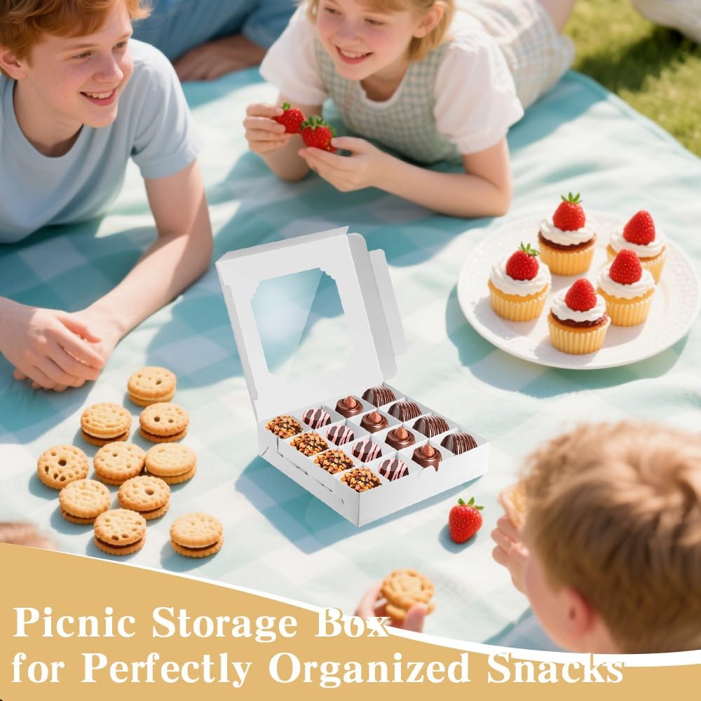 25 Pack White Bakery Boxes, Sweet Boxes with Windows and Divider, 16-Compartments Dessert Box for Chocolate Sweet Assortment