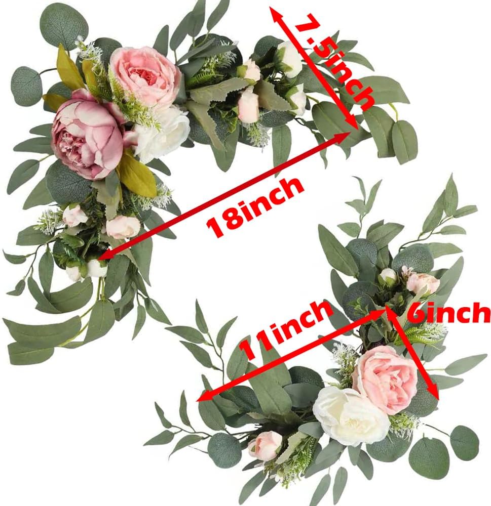 H&W 2pcs Artificial Wedding Arch Flowers for Wedding Sign, Floral Swag Dusty Decor for Reception Ceremony Backdrop Sweetheart Table(Willow Leaves-Peony-Pink)