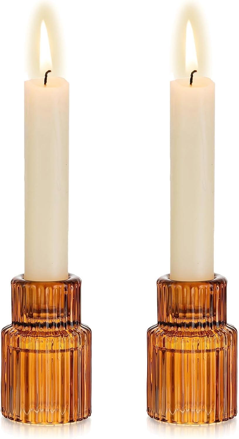 Hewory Glass Taper Candle Holders: 2PCS Amber Elegant Candle Holder Candlestick Holders Bulk, Ribbed Glass Candle Holder Candle Sticks Holder Decor for Table Centerpiece Fall Thanksgiving Home Decor