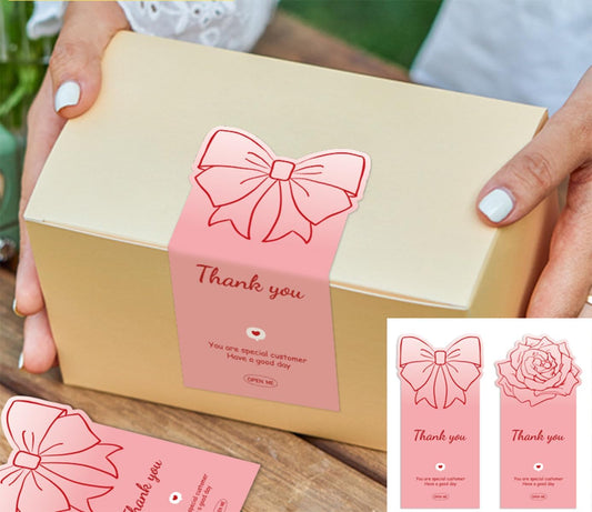 150Pcs Cute Pink Large Thank You Stickers,Bow Shaped Rose Gift Wrapping Decorations, Suitable for Gifts, Merchandise, Open Me Stickers, Large Labels, 4.72 x 2.36 inches.（Bow and Rose）