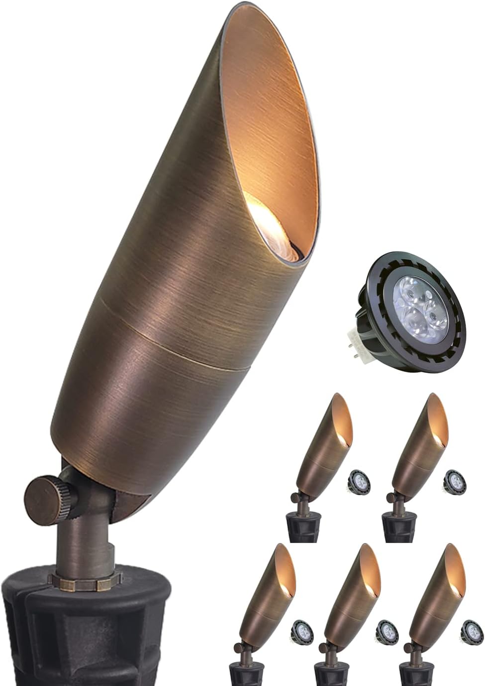 MALORY Solid Brass Landscape Spotlight 6-Pack with Bulb(S06), Low Voltage Front and Backyard Landscape Lighting with Large Rugged Slot Spike & Wire Connector,12V AC/DC Garden Patio Spot Up Light