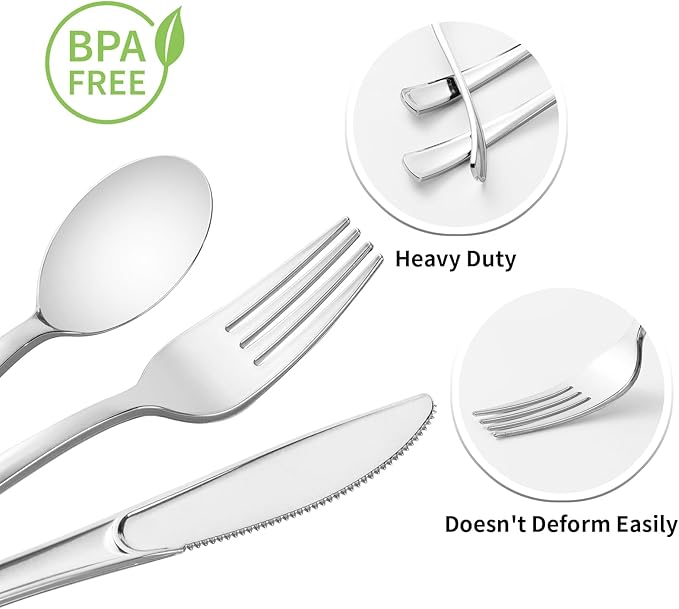 Goodluck 100 Pack Pre Rolled Silver Plastic Silverware, Wrapped Plastic Cutlery Set with Napkin Include 100 Forks, 100 Knives, 100 Spoons and 100 Napkins, Disposable Silverware for Party, Wedding