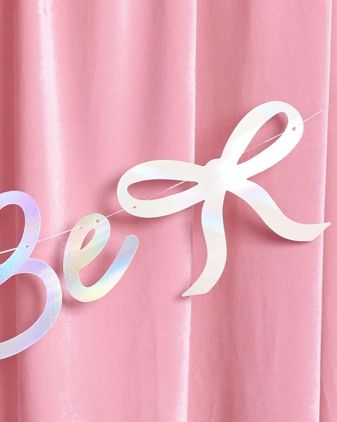 xo, Fetti Bride to Be Bow Banner Iridescent Foil + Pink Glitter , 5 Ft. | Bachelorette Party Decoration, Tying the Knot Bride Bach Decor, Bridesmaid Favor, Engagement Gift, Bridal Shower Supplies, Photobooth Backdrop