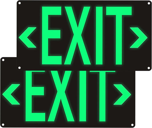2Pack Photoluminescent Exit Sign Black, 14.25"x 7.5" Glow In The Dark Exit Signs Aluminum with 4pcs Removable Directional Arrows and Strong Adhesive Backing