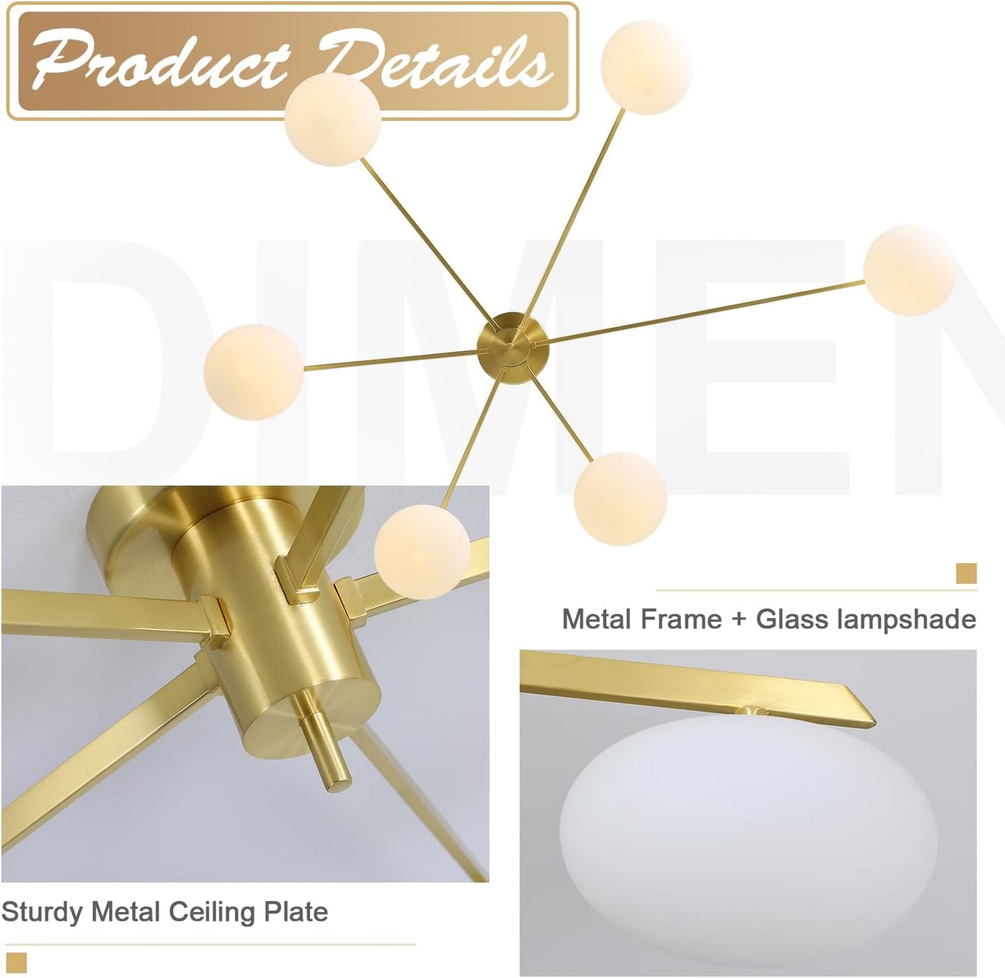 6-Lights Gold Sputnik Chandelier Modern Ceiling Light Fixtures Retro Glass Ceiling Lamp Industrial Semi Flush Mount Lights for Kitchen Living Room Dining Room MCL01-6 GD