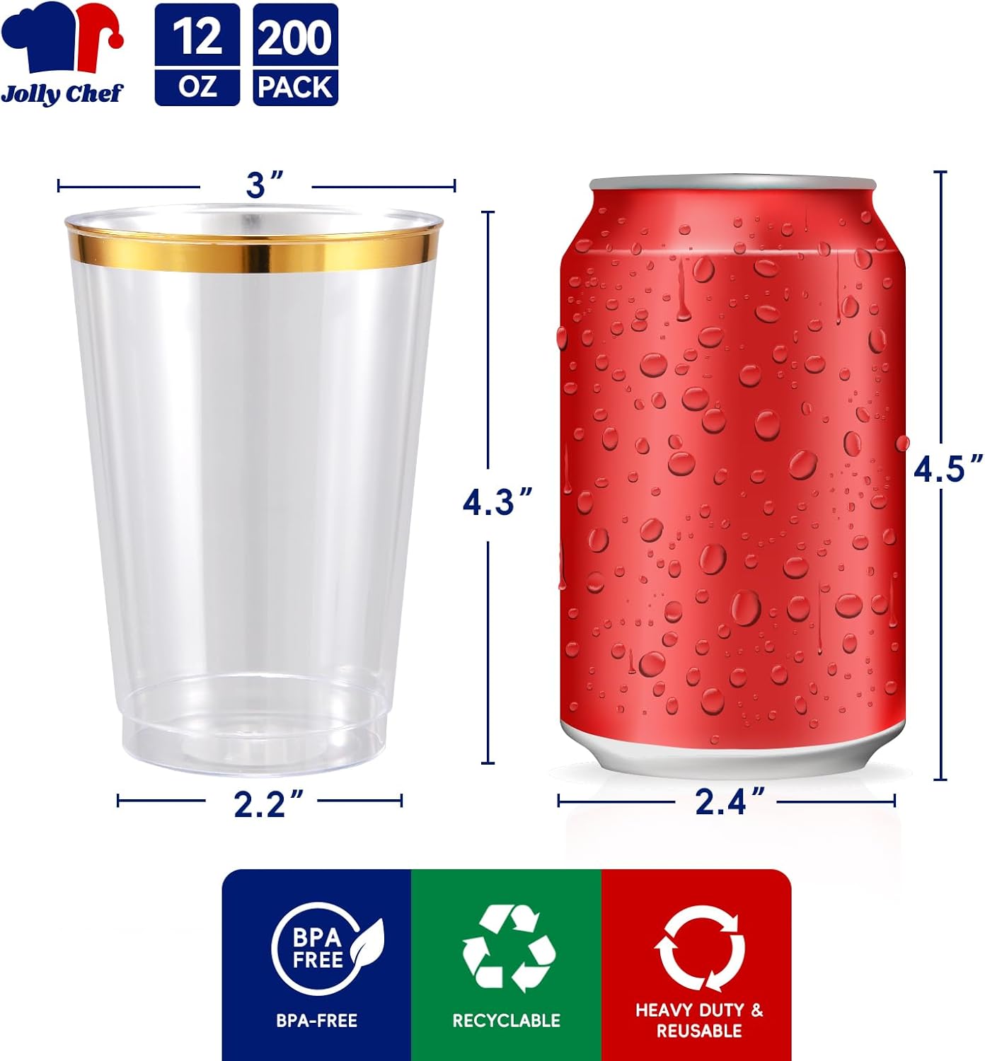 JOLLY CHEF 200 Pack 12 oz Gold Plastic Cups Elegant Gold Rimmed Disposable Cups Heavy-Duty Party Cups for Wedding & Party