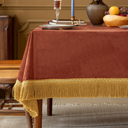 F-CHU Luxury Burnt Orange Tablecloth Thickset Velvet Tablecloth with Beautiful Gold Tassels Table Cloth for Home Decor Wedding, Party, Banquet and Events 60x86-Inch