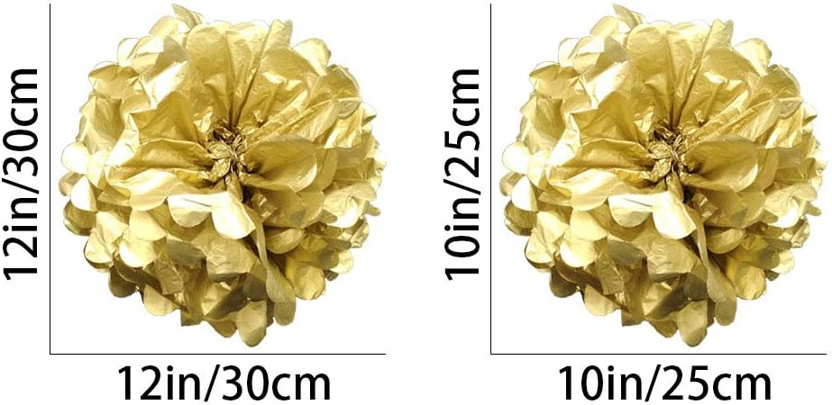 Gold Paper Pom Poms - Party Tissue Paper Flowers Balls - Party Hanging Decoration Supplies - Size of 10inch, 12inch, Great for Wedding, Birthday, Any Parties and Events (12 PCS)