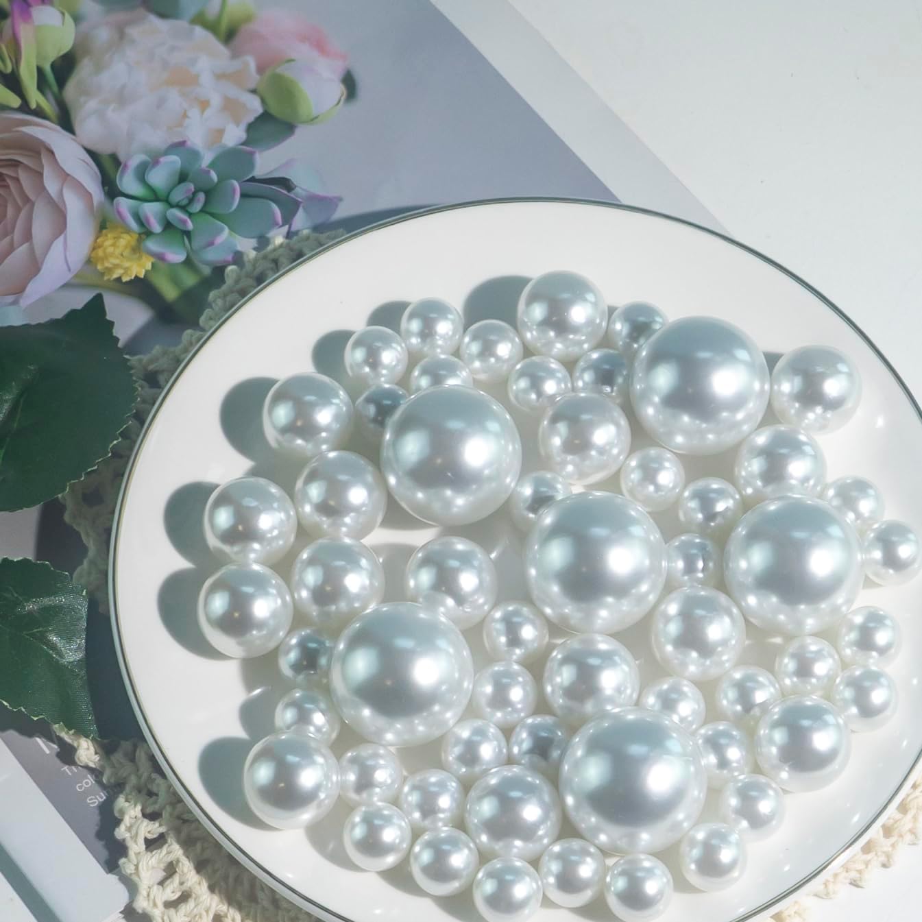 180PCS White Beads for Centerpieces Vases, No Hole Polished Pearl Makeup Beads Mixed 8/14/20mm Sizes, Pearl Vase Fillers Table Scatters for Party Wedding Decor