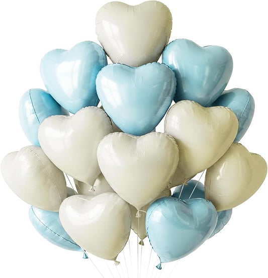 TONIFUL 30Pcs 18 Inch Light Blue Cream White Balloons Pastel Blue Heart Shape Foil Mylar Banners Decoration for Birthday Valentine's Day Wedding Bridal Shower Anniversary Engagement Party Supplies