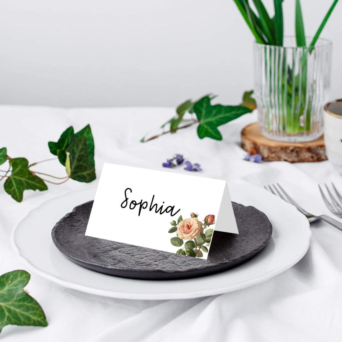 25 Pack Floral Place Cards, Editable Name Cards for Table Setting, Tent Cards Food Label for Dinner Party, Bridal Shower, Wedding, Baby Shower and Events -T05