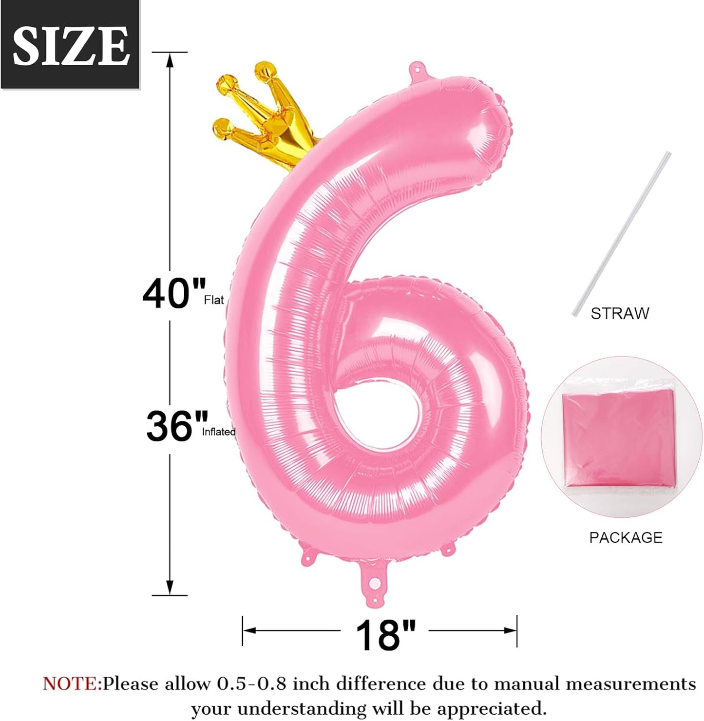 40 Inch Pink Number Balloon 0-9(Zero-Nine) with Crown, Big Size Happy Birthday Balloon, Foil Helium Big Number Balloon for Birthday Party,Wedding, Anniversary (PINK 6)