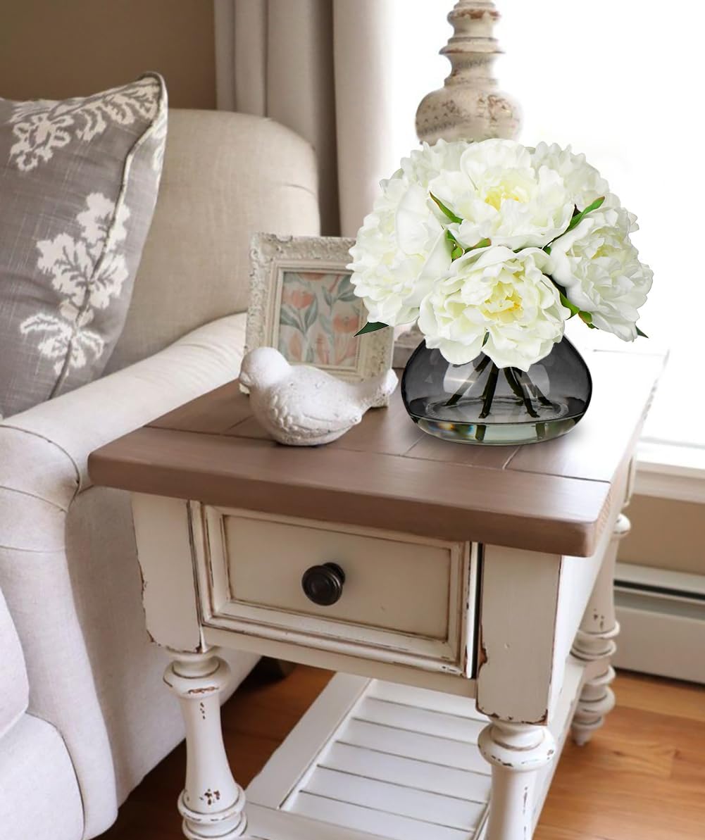 Hollyone Peonies Artificial Flowers with Vase White Peony Fake Flowers Faux Silk Flower Arrangements in Glass Vase with Faux Water Faux Floral Bulk Bouquet for Home Office Table Centerpiece Decoration