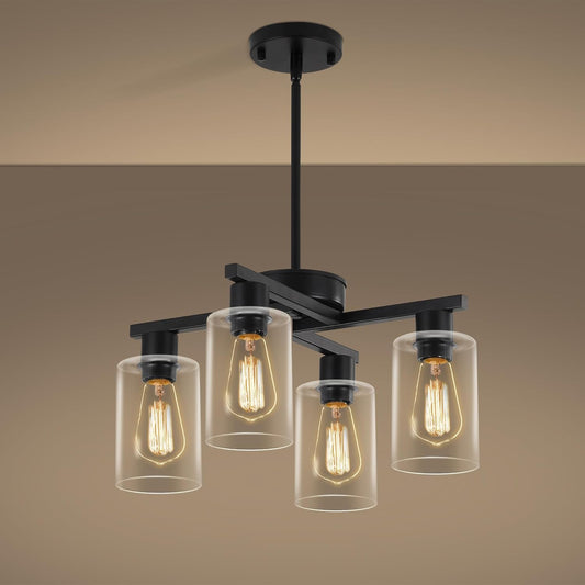 4-Light Modern Farmhouse Black Chandelier, Dining Room Light Fixture Over Table Adjustable Height Hanging Industrial Pendant Lights Kitchen Island, Clear Glass Shade