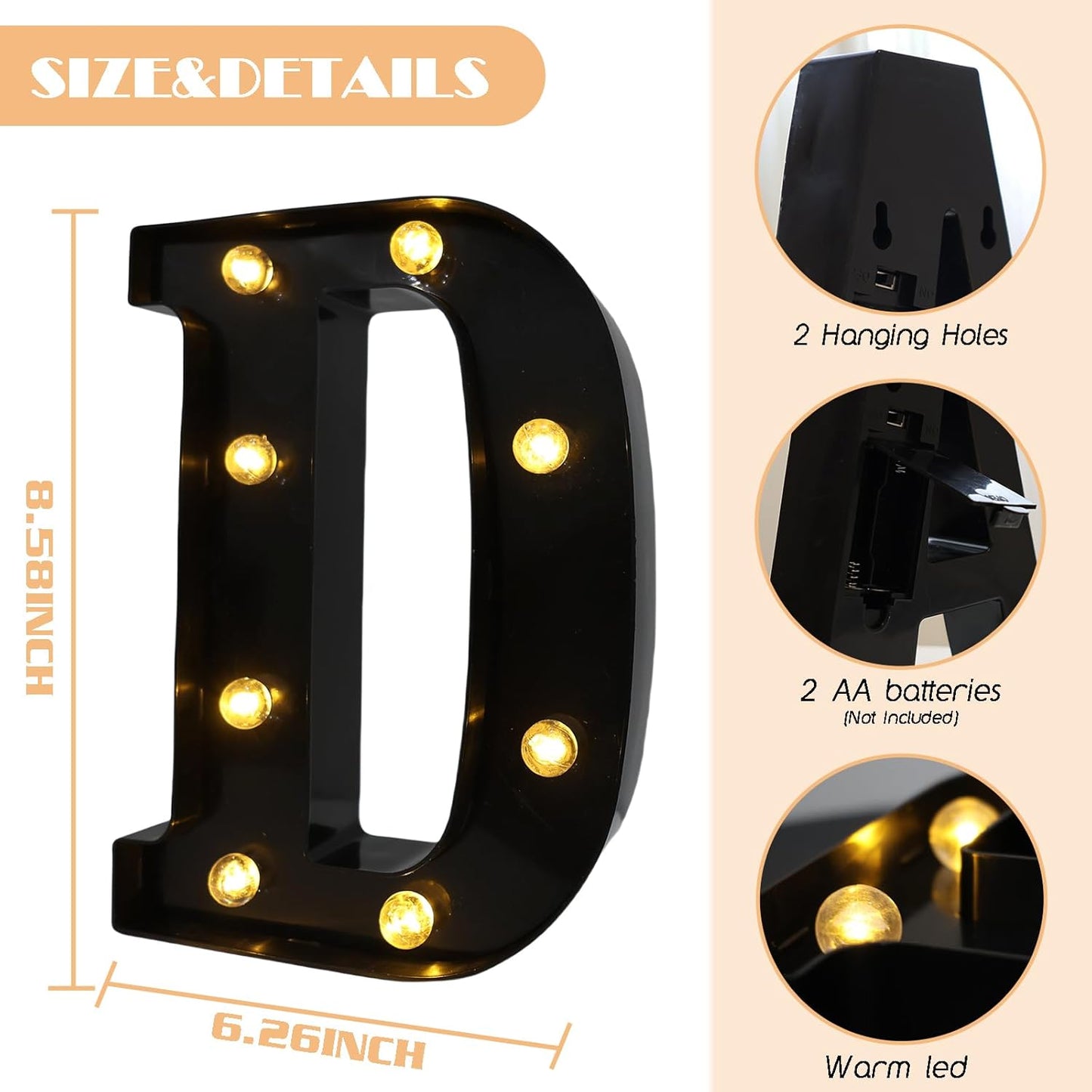 Led Marquee Letters, 8.58 Inch Black Light Up Letters, Small Led Letter Lights, Battery Powered Lighted Letterfor Table, Party, Birthday, Christmas Decor (Black, Letter D)