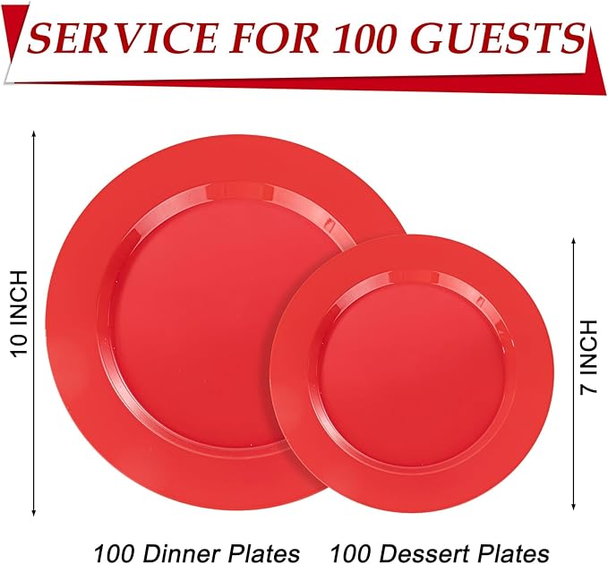 FLOWERCAT 200PCS Red Plastic Plates Disposable Plates for Party - Heavy Duty Plastic Plates - 10" &7" Plate for 100 Guests New Year Parties and Events &Christmas