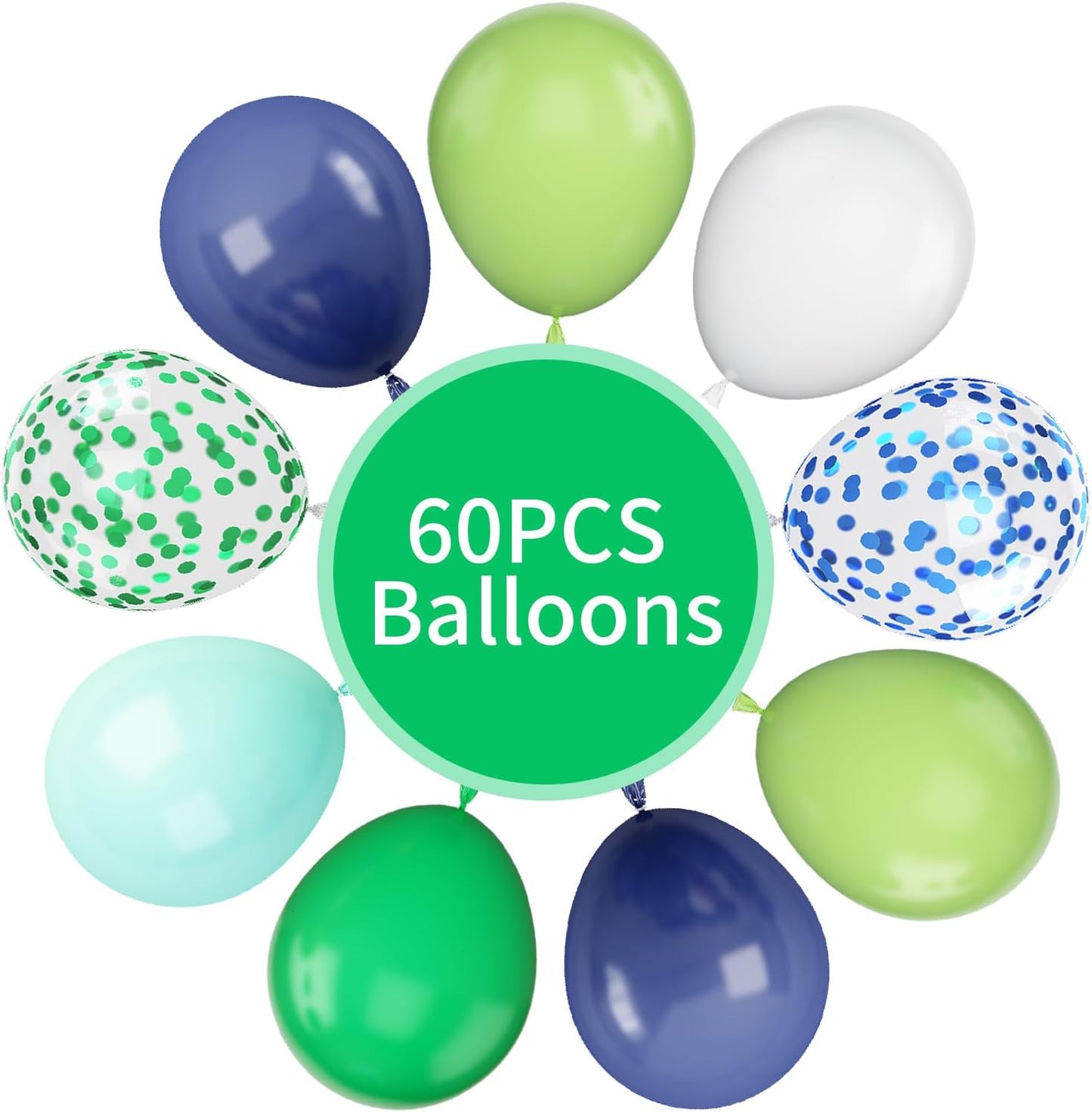 60Pcs Blue and Green Balloons, 12 Inch Navy Blue Fruit Green Confetti Balloons Teal Blue White Latex Balloon for Kids Birthday Baby Shower Jungle Dinosaur Theme Party Decorations