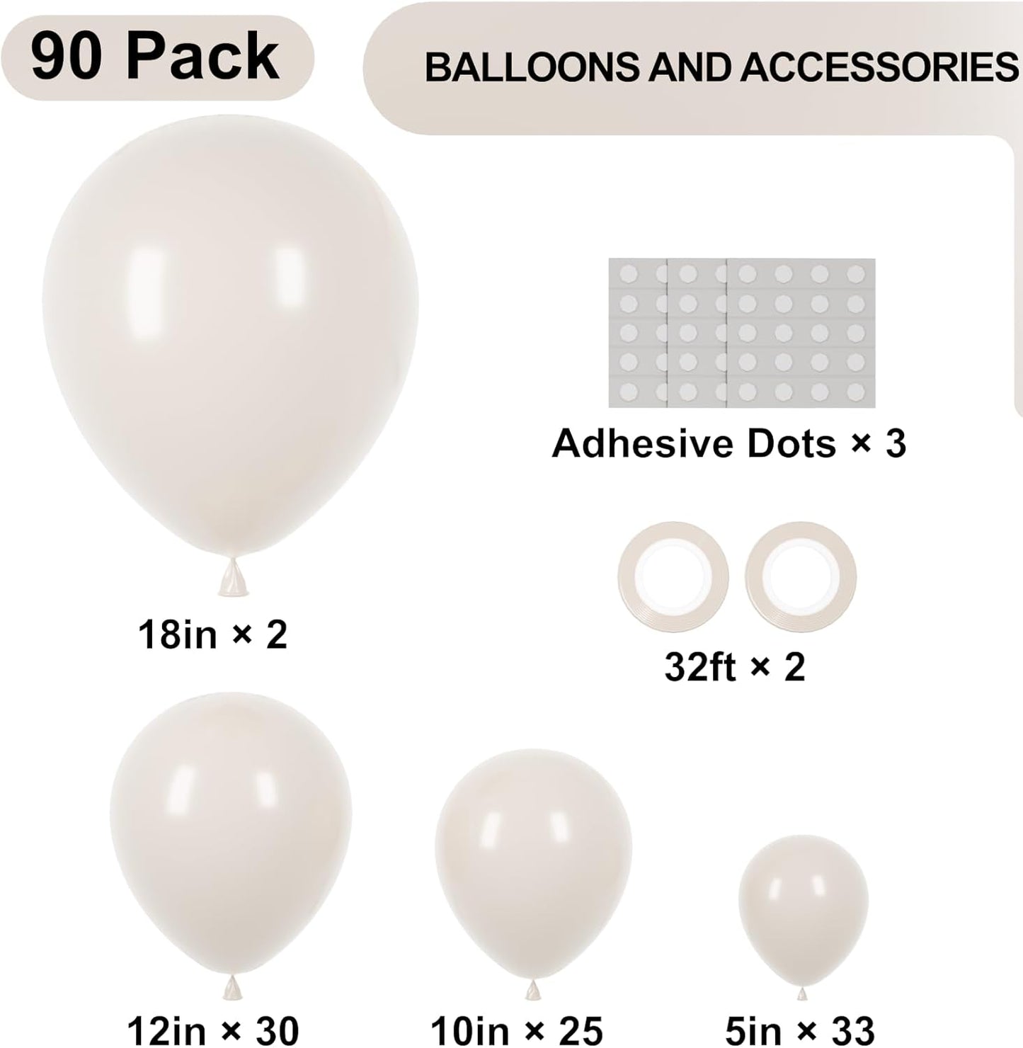 90pack White Sand Balloons Different Size 18/12/10/5 Inch Sand White Balloon Garland Arch Kit for Wedding, Bridal, Baby Shower, Birthday, Graduation, Anniversary, Bachelorette Decorations